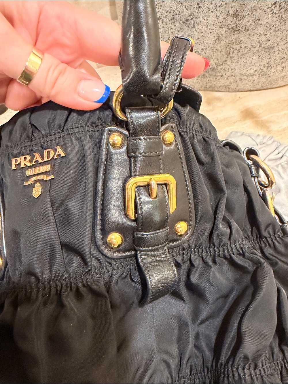 AUTHENTIC Prada Tessuto Black Nylon Ruched Shoulder Bag with Gold Hardware - Picture 14 of 16